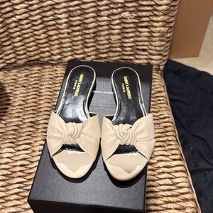 Saint Laurent Women's Tan Bow Slide Sandals